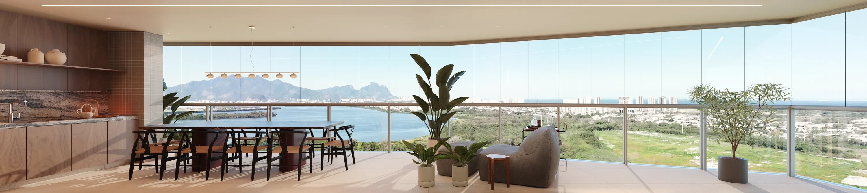 A varanda, de ponta a ponta — perspectiva do apartamento de 178,49 m² do edifício Collar, no Oro by Ornare