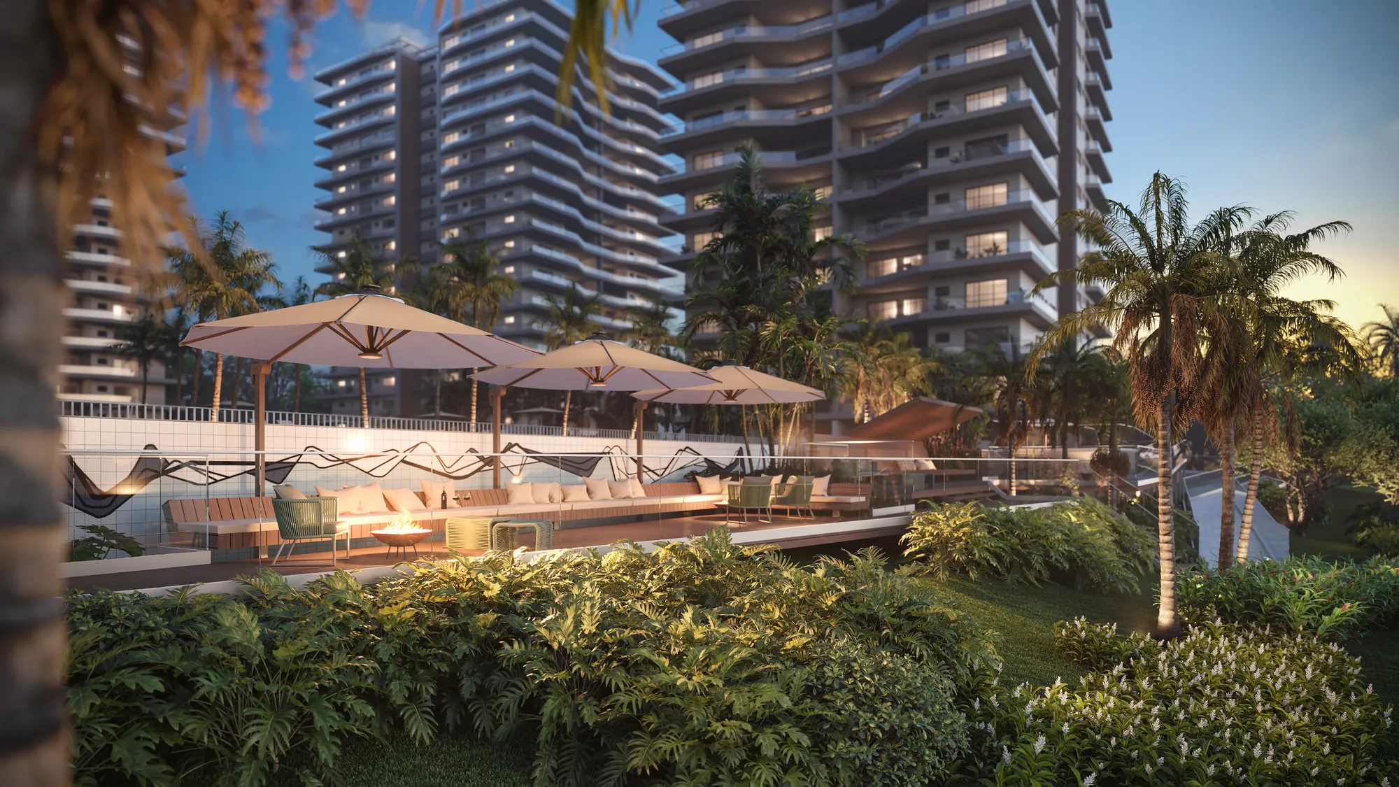 Deck Sunset do Oro by Ornare no fim de tarde, com as torres ao fundo
