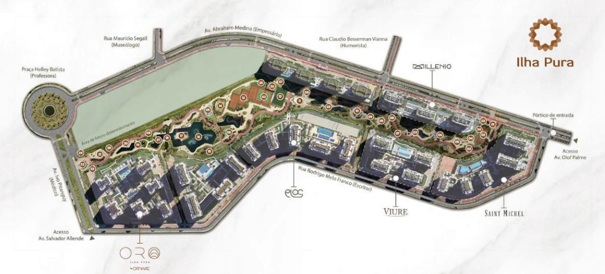 Masterplan do bairro Ilha Pura mostrando a posição do Oro by Ornare e dos demais condomínios