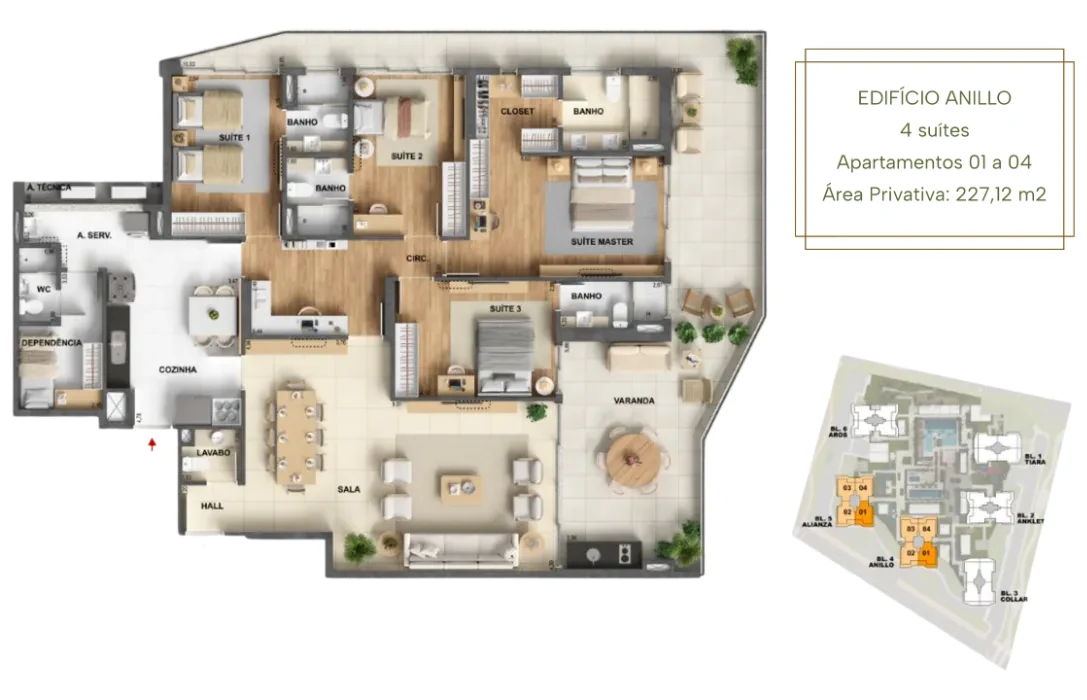 Planta Anillo · 4 suítes · 227,12 m² do Oro by Ornare