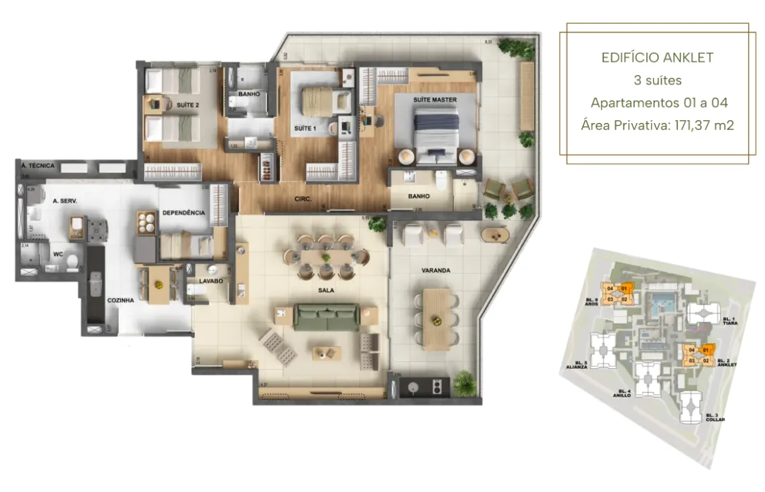 Planta Anklet · 3 suítes · 171,37 m² do Oro by Ornare