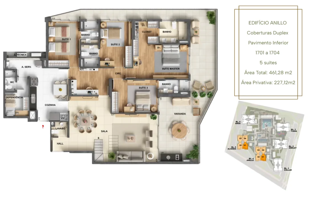Planta Cobertura Anillo · 461,28 m² do Oro by Ornare