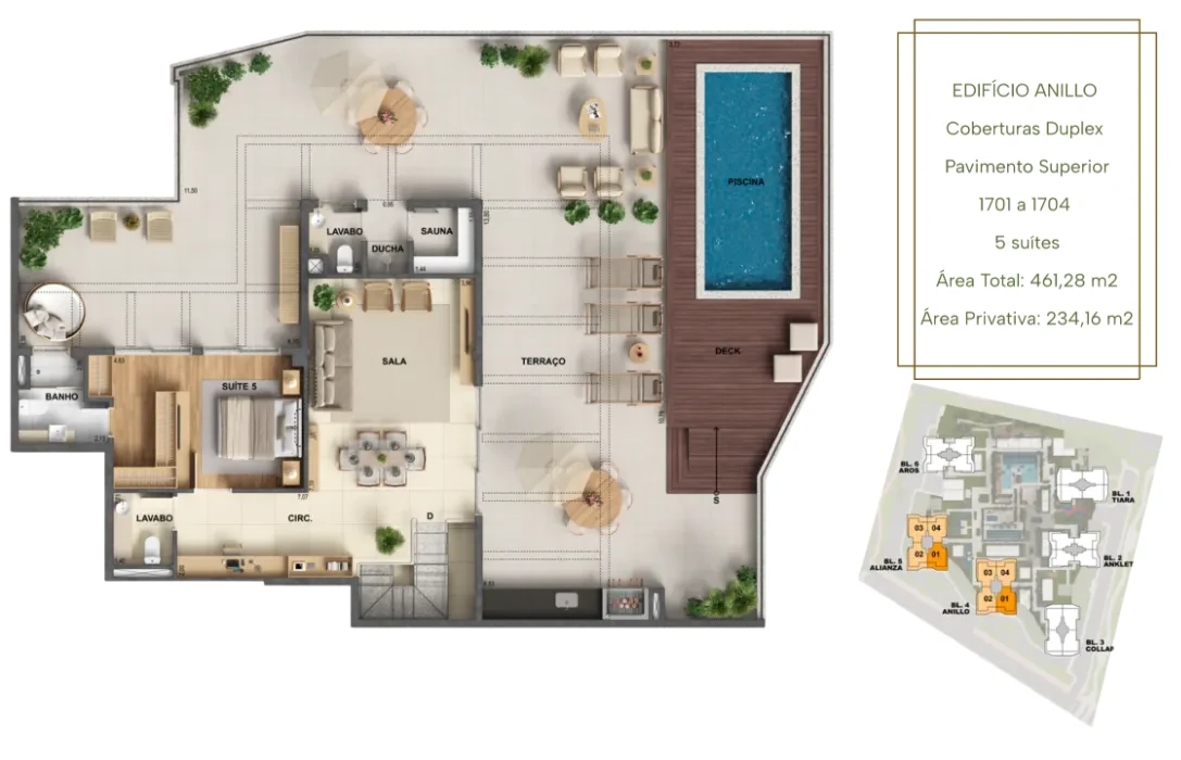 Planta Cobertura Anillo · 461,28 m² do Oro by Ornare