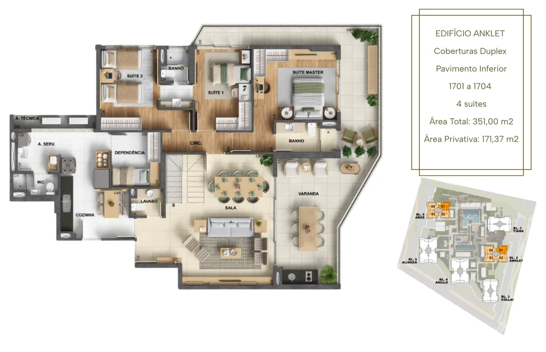 Planta Cobertura Anklet · 351,00 m² do Oro by Ornare