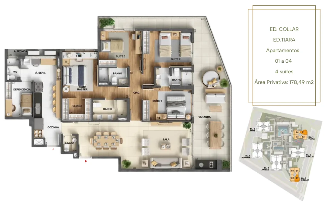 Planta Collar · 4 suítes · 178,49 m² do Oro by Ornare