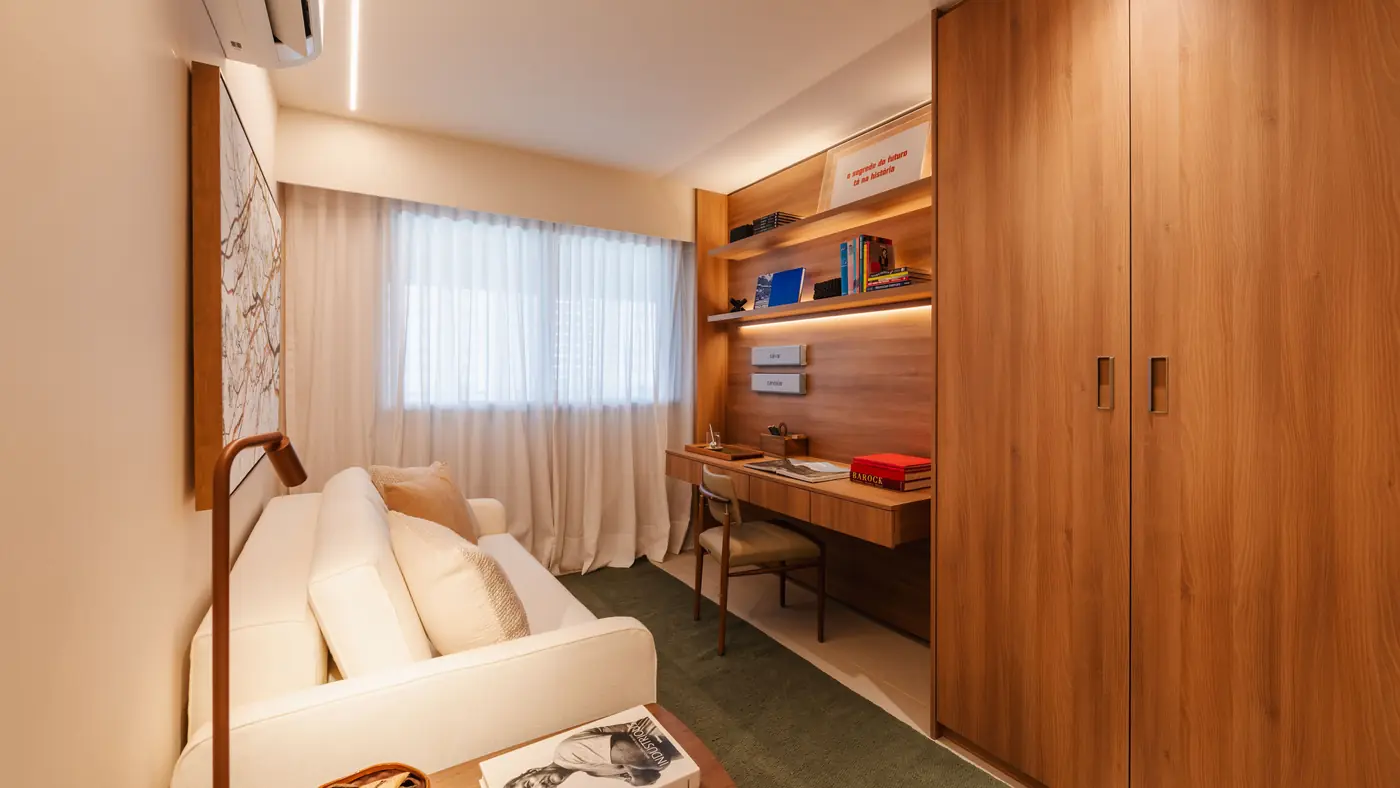 Quarto com home office do apartamento decorado do Pura por Artefacto