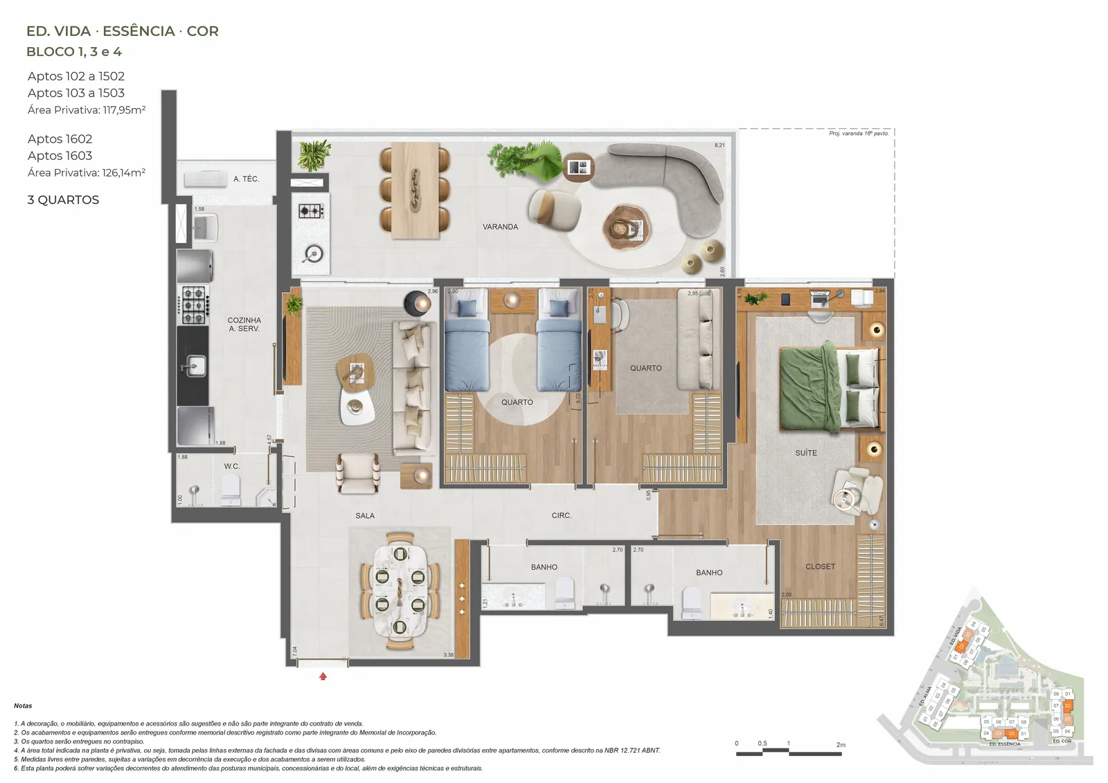 Planta 3 quartos · 117,95 m² do Pura por Artefacto
