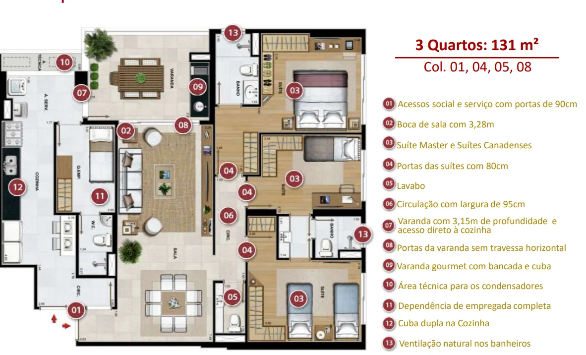 Planta do 3 suítes · 131 m² no Saint Michel