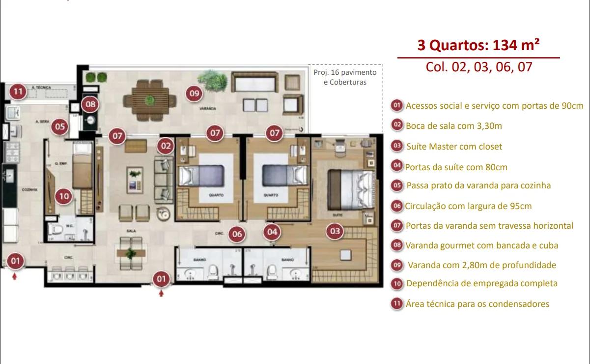 Planta do 3 suítes · 134 m² no Saint Michel