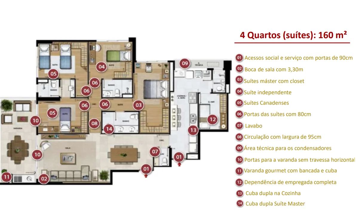 Planta do 4 suítes · 160 m² no Saint Michel