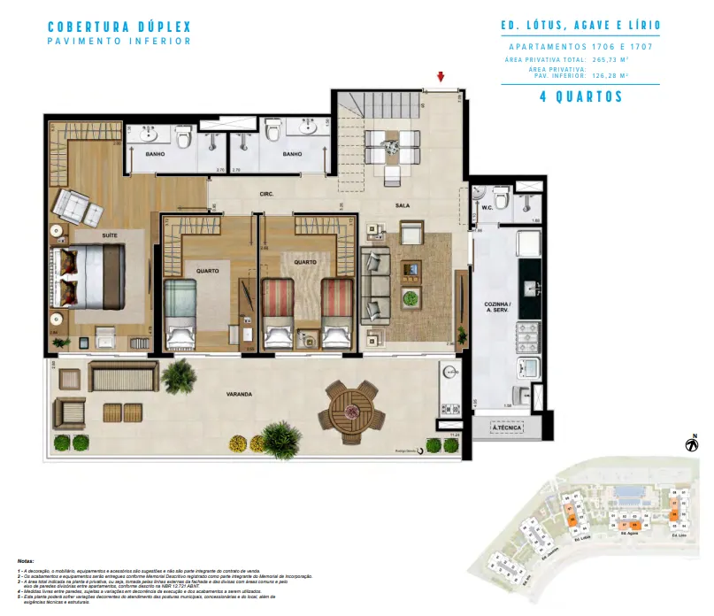 1 Cobertura Duplex 4 qts c WC - col 6 e 7 - 256,91 m² Lótus Agave e Lírio