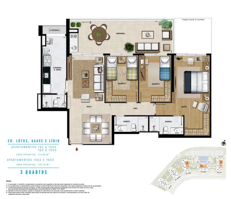 Ap 3 qtos com WC - col 2 e 3 - 117,66 m²