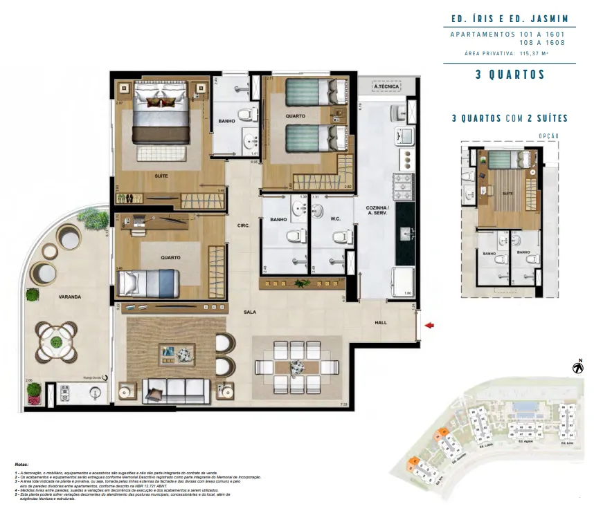 Ap 3 qtos com WC ou 2 suítes - col 1 e 8 - 115,37 m²