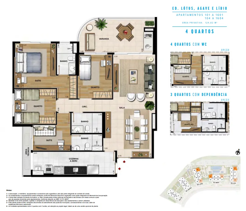Ap 4 qtos com WC ou 3 qtos com dep - col 1 e 4 - 124,82 m²